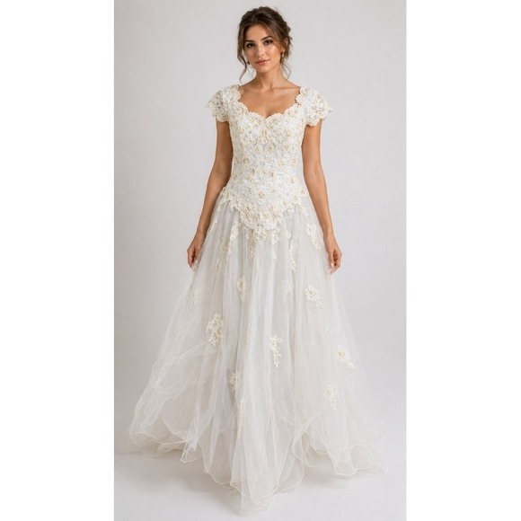 The Unbranded Brand Dresses & Skirts - Princess Ball Gown Wedding Dress Sz 16 Faux Pearl Lace Applique Off Shoulder D30
